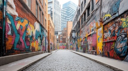Fototapeta premium Urban alley with colorful graffiti-covered brick walls, cobblestone pavement, surrounded by tall modern buildings in the background under overcast sky.