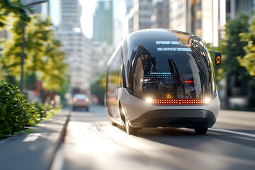 Fototapeta premium Innovative urban transport eco-friendly buses transform city skylines with sustainable technology