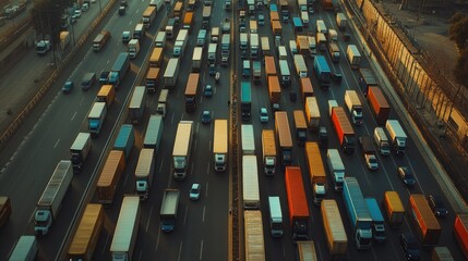 A packed highway with logistics trucks carrying cargo, depicting the high demand for transport and delivery in the modern world