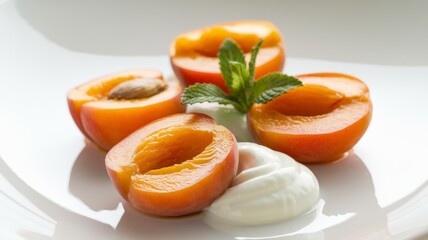 A delicious culinary dish with apricots cut into halves, artfully poured with delicate and velvety yogurt.  A sprig of fresh mint gives the dish a touch of greenery and freshness.