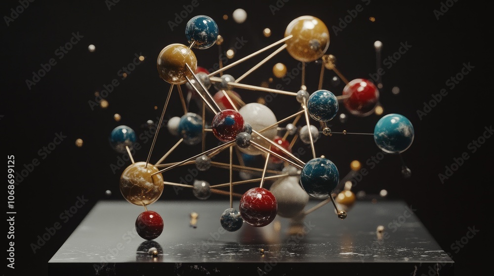 Poster A stunning 3D model of interconnected atoms and molecules, symbolizing the intersection of science, chemistry, and medical discovery