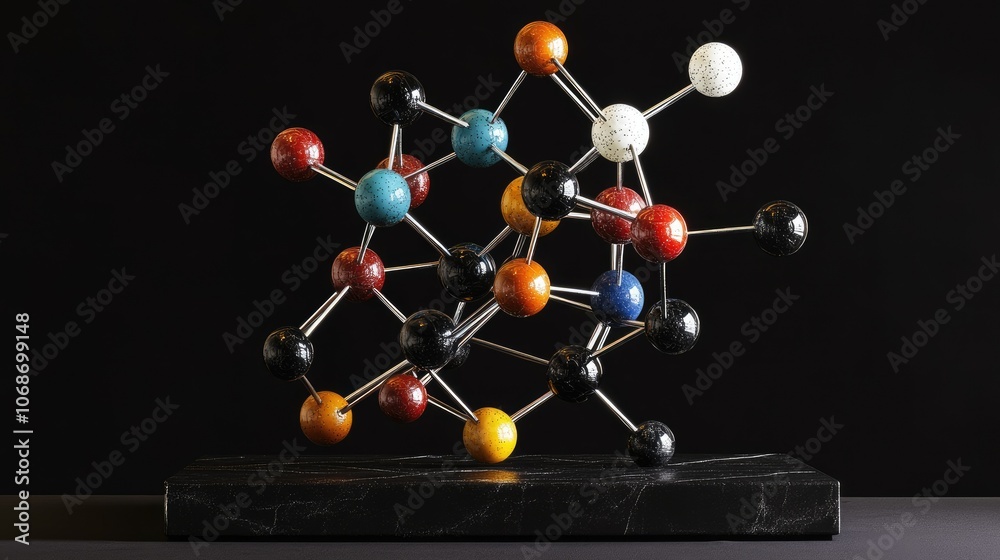 Poster A stunning 3D model of interconnected atoms and molecules, symbolizing the intersection of science, chemistry, and medical discovery