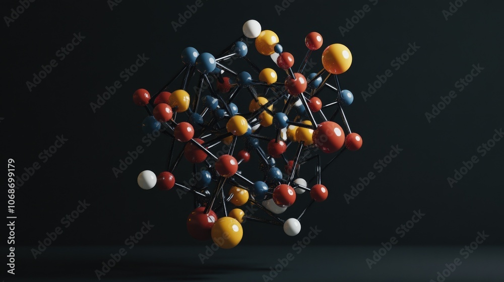 Poster A stunning 3D model of interconnected atoms and molecules, symbolizing the intersection of science, chemistry, and medical discovery