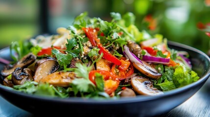 Delicious Mushroom Salad with Red Pepper, Onion, and Sesame Seeds