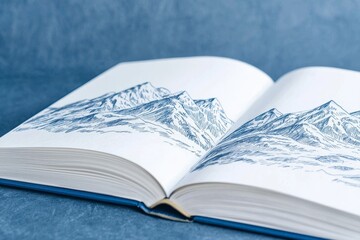 An open book featuring detailed blue illustrations of mountains against a textured blue background.