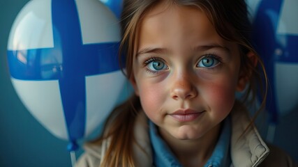 Smiling girl with finnish flag balloons celebrating finland's independence day concept