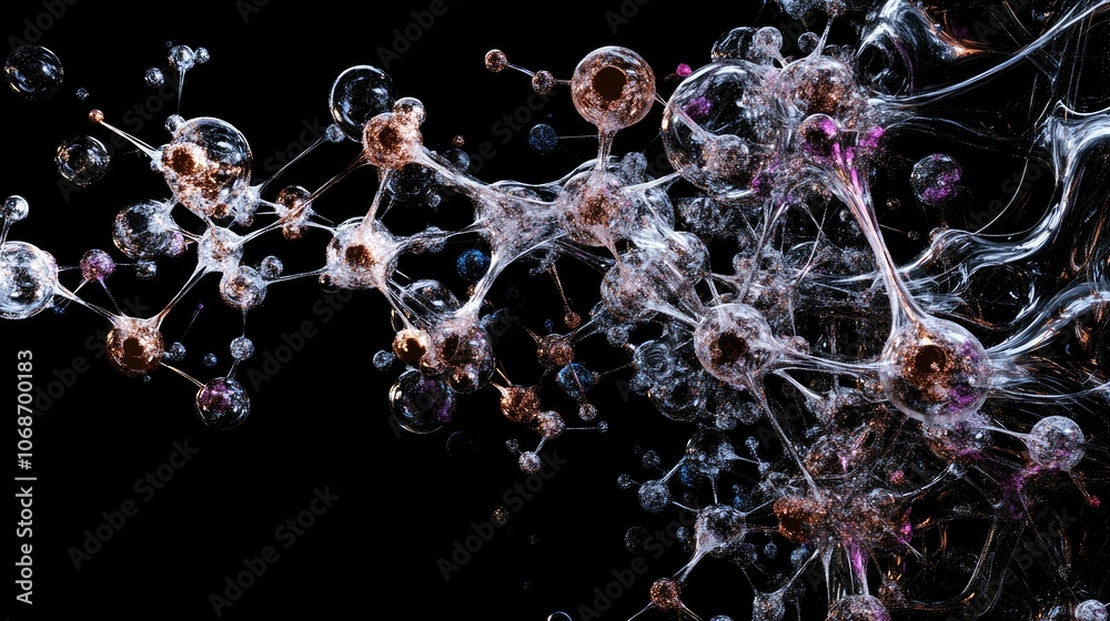 Poster Abstract 3D model of molecules and atoms interconnecting in a complex structure, representing the core of molecular science and medical research