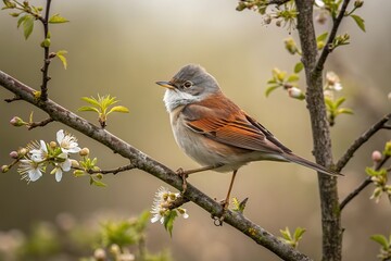A spring whitethroat, male, on a branch, low light.