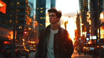 Fototapeta premium Stylish young man walking down illuminated city street at night