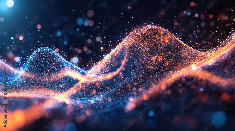 Poster abstract molecular structure with connected atoms and energy waves, symbolizing advances in science,