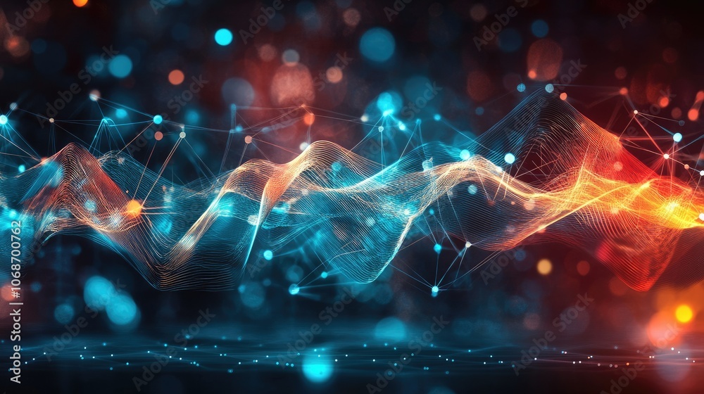Poster abstract molecular structure with connected atoms and energy waves, symbolizing advances in science,