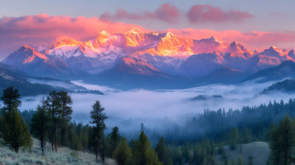 Obraz premium A serene photography capturing the first rays of sunlight hitting the Rocky Mountain range, with pink and orange hues painting the snow-capped peaks and the forest below coming alive with spring growt