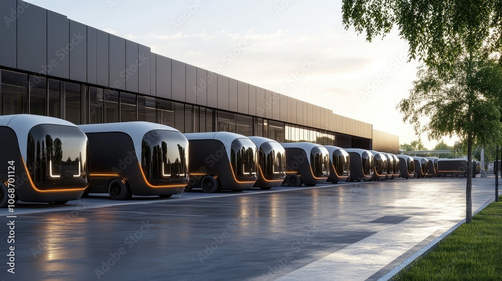 Poster an image showing a modern fleet of delivery trucks lined up outside a distribution warehouse, demons