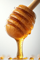 Honey dipper dripping golden honey, wooden background.