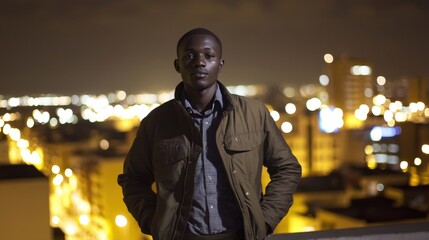 Obraz premium Confident Young African Man Exploring Vibrant Nighttime City Skyline