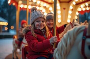 Fototapeta premium Happy and smiling children riding carousel on winter evening, against Christmas lights background. Christmas and cozy atmosphere. Happy New Year. Merry Christmas.