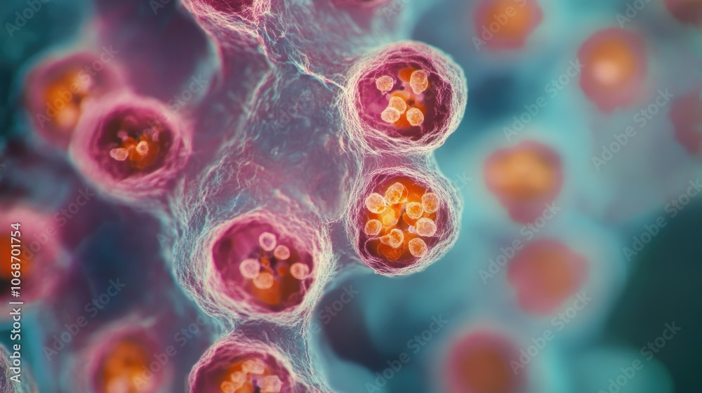 Aufkleber close-up of h e stained liver showing hepatocytes with binucleation and enlarged nuclei, illustratin