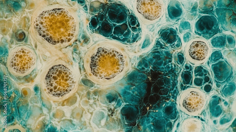 Poster close-up of h e stained liver showing hepatocytes with binucleation and enlarged nuclei, illustratin