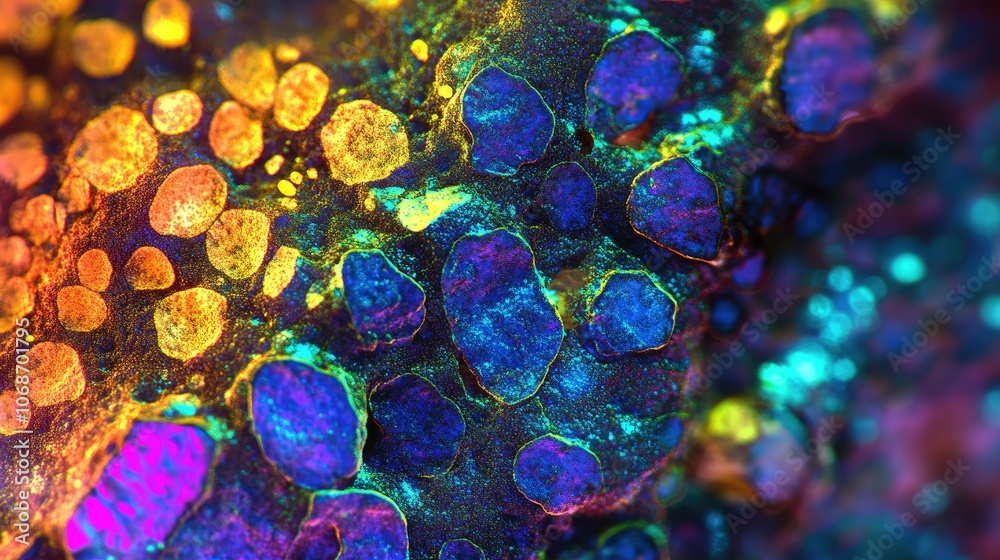 Poster close-up of h e stained liver showing hepatocytes with binucleation and enlarged nuclei, illustratin