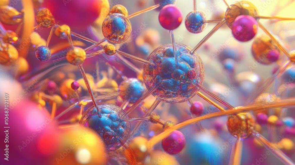 Poster Colorful 3D rendering of molecular bonds and atom models, illustrating the intricate structure of molecules in scientific and medical contexts