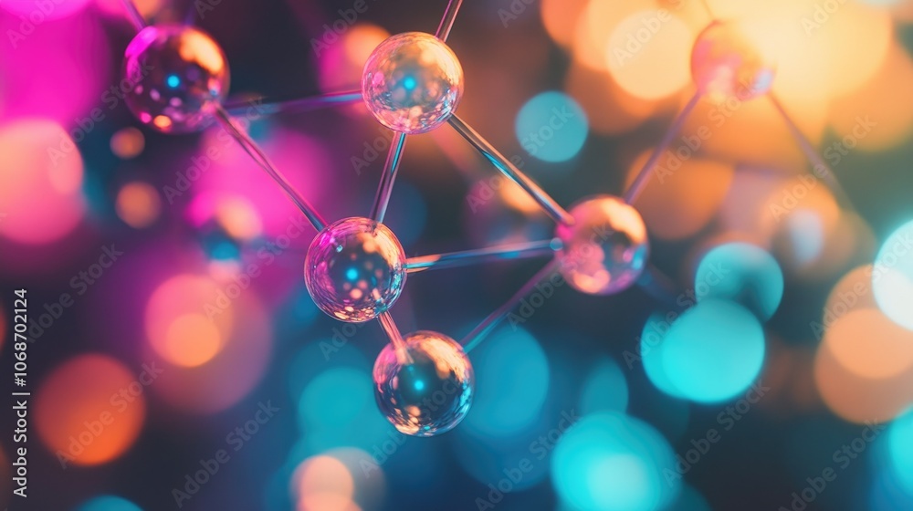 Poster colorful atoms and molecules rotating in a 3d abstract model, symbolizing advancements in medical re