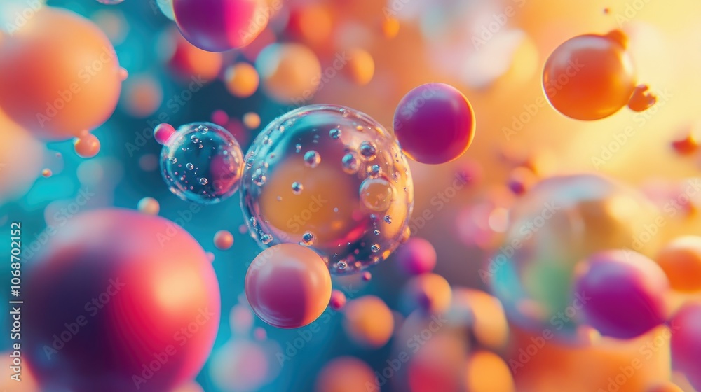 Poster colorful atoms and molecules rotating in a 3d abstract model, symbolizing advancements in medical re