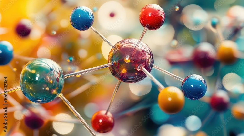 Poster colorful atoms and molecules rotating in a 3d abstract model, symbolizing advancements in medical re