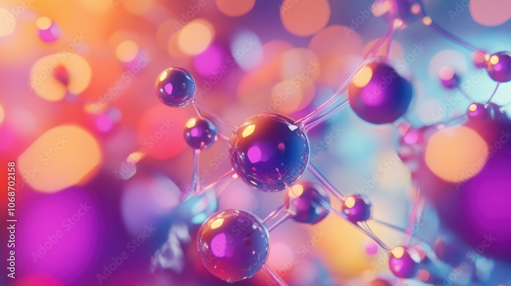 Poster colorful atoms and molecules rotating in a 3d abstract model, symbolizing advancements in medical re