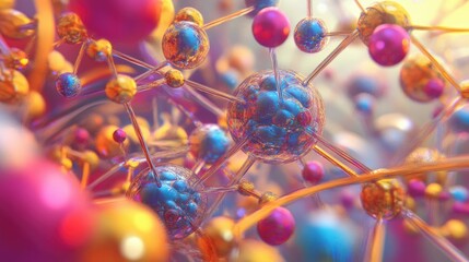 Colorful 3D rendering of molecular bonds and atom models, illustrating the intricate structure of molecules in scientific and medical contexts