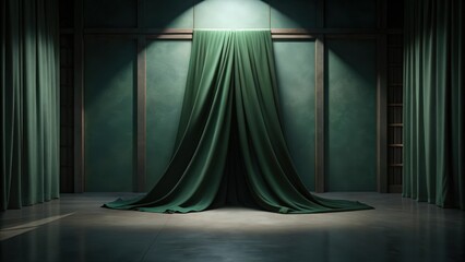 Green Draped Fabric on a Dark Green Wall Background