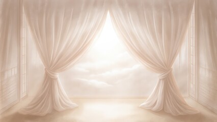 Two Sheer Curtains Draped Open Revealing a Cloudy Sky