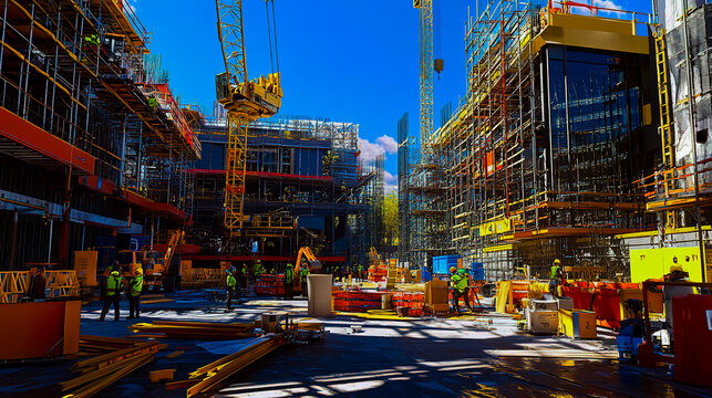 A construction site with a group of workers wearing yellow vests
