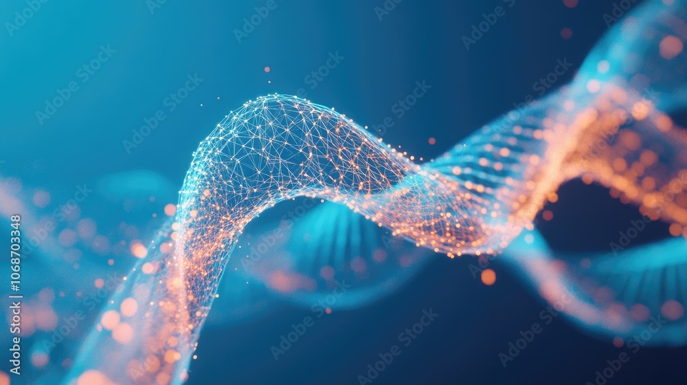 Poster mesmerizing 3d wireframe dna helix in polygonal style against a bright blue background, representing
