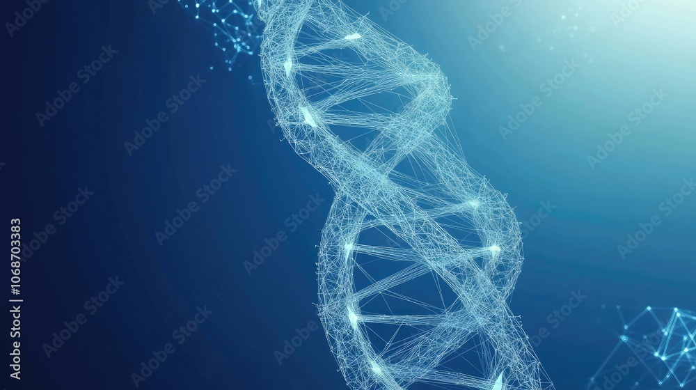 Poster mesmerizing 3d wireframe dna helix in polygonal style against a bright blue background, representing