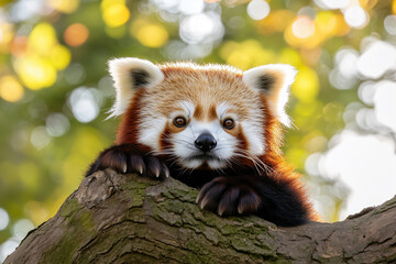 Red panda, bear is sitting on a tree branch