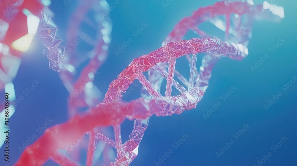 Poster polygonal wireframe dna helix in 3d, set against a vivid blue backdrop, capturing the essence of mod