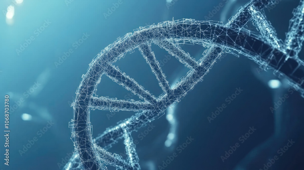 Poster polygonal wireframe dna helix in 3d, set against a vivid blue backdrop, capturing the essence of mod