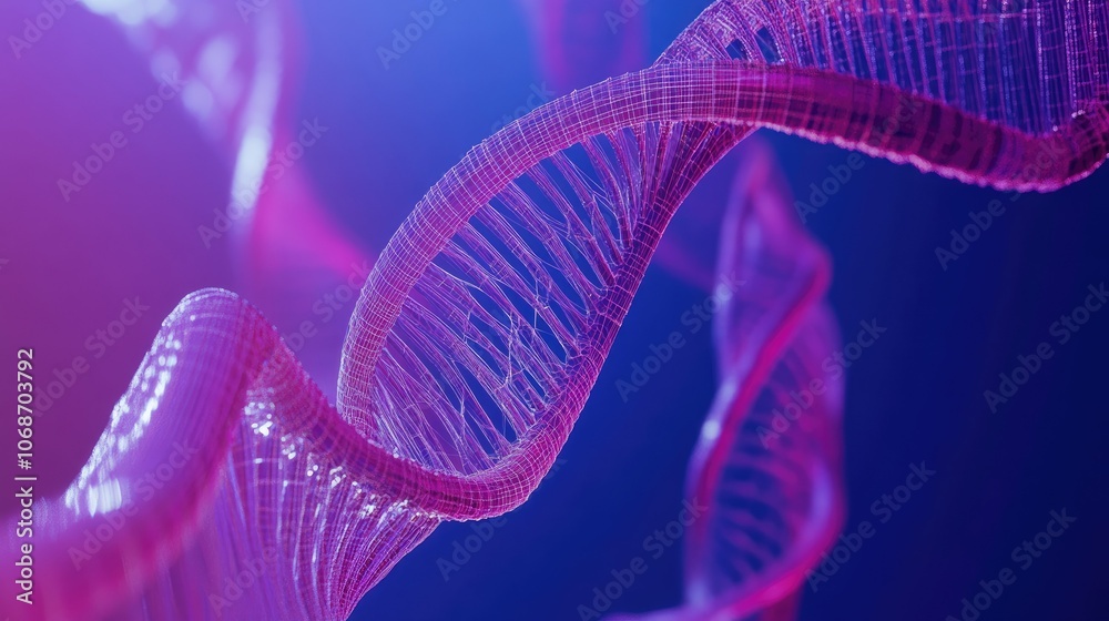 Poster polygonal wireframe dna helix in 3d, set against a vivid blue backdrop, capturing the essence of mod