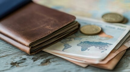 Passport, currency, and travel documents laid on a rustic wooden table, with a world map as the background, symbolizing global travel adventures