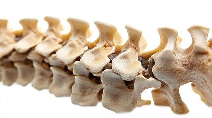 Close-up human spine with vertebrae details, isolated on white, educational resource, precise bone textures 
