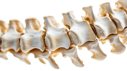 Close-up human spine with vertebrae details, isolated on white, educational resource, precise bone textures 