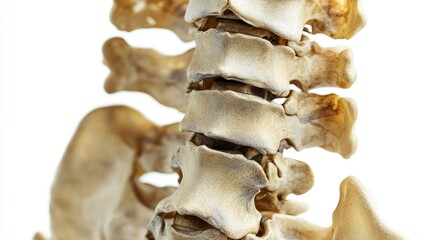 Close-up human spine with vertebrae details, isolated on white, educational resource, precise bone textures 