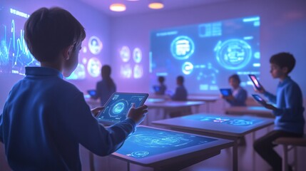 Futuristic Classroom with Interactive Technology and Students Learning