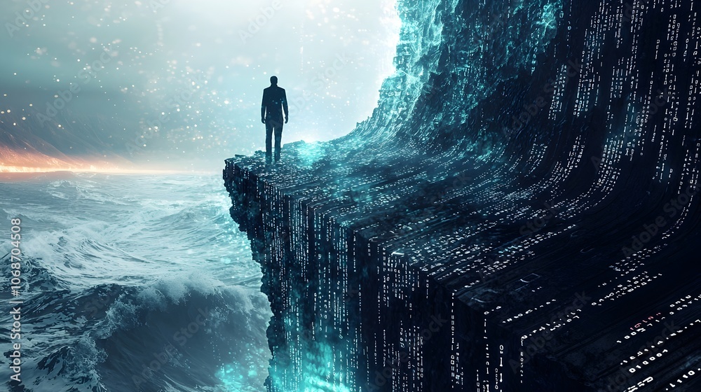 Poster lone hacker decodes glowing digital ocean waves of binary code on cliff edge