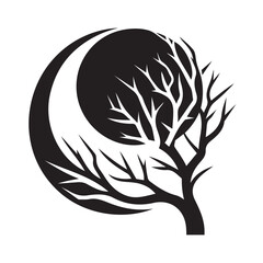 Tree With Moon Silhouette Vector Illustration