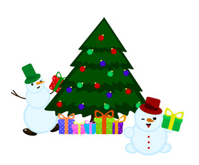 Cute illustration of happy snowman and Christmas tree with gift boxes