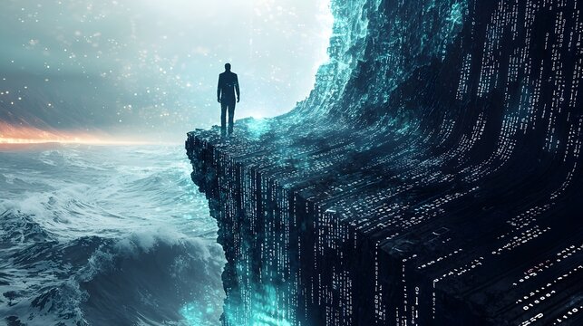 Lone Hacker Decodes Glowing Digital Ocean Waves of Binary Code on Cliff Edge