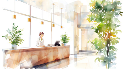 Watercolor illustration of hotel reception desk with indoor plants, bright and welcoming atmosphere