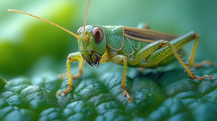 Fototapeta premium Green grasshopper perched on a leaf with its long antennae and large eyes.