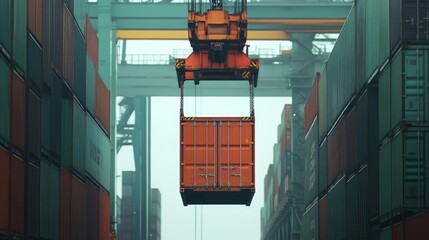 Fototapeta premium Container being lifted at shipping port front view Cargo handling efficiency